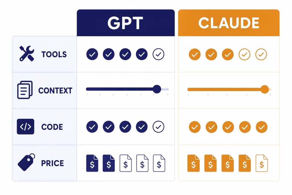 GPT Claude Decision Matrix Decision matrix with columns labeled GPT and CLAUDE and rows labeled TOOLS, CONTEXT, CODE, and PRICE.