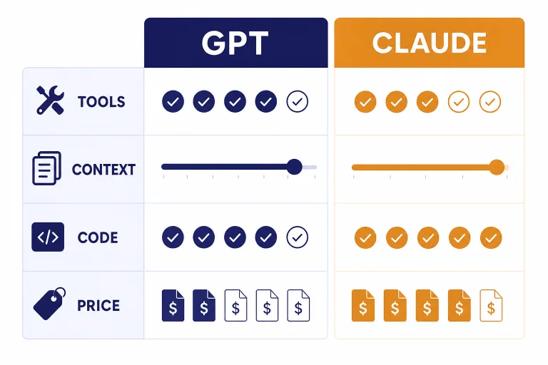 Decision matrix with columns labeled GPT and CLAUDE and rows labeled TOOLS, CONTEXT, CODE, and PRICE.