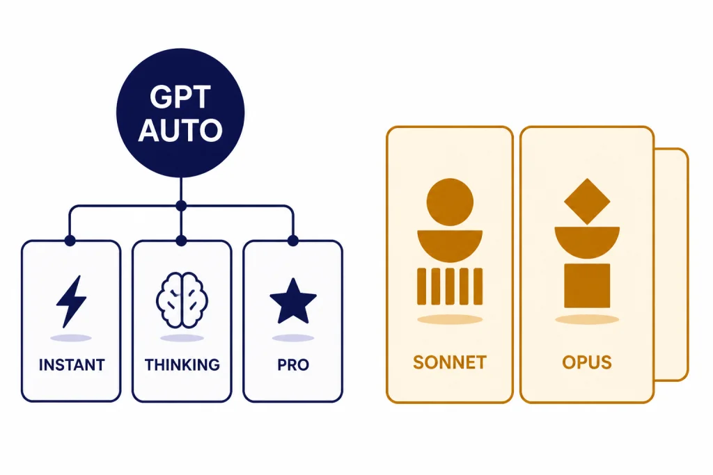 Model Family Stacks Model stacks labeled GPT AUTO, INSTANT, THINKING, PRO, SONNET, and OPUS.