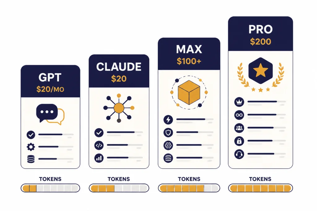 Four pricing cards labeled GPT $20/MO, CLAUDE $20, MAX $100+, and PRO $200.