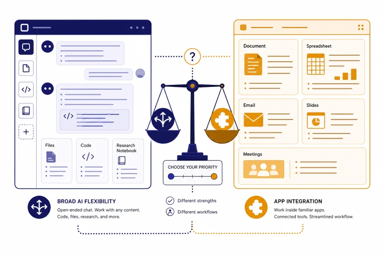 Split decision scale with chat workspace objects on one side and productivity app tiles on the other.