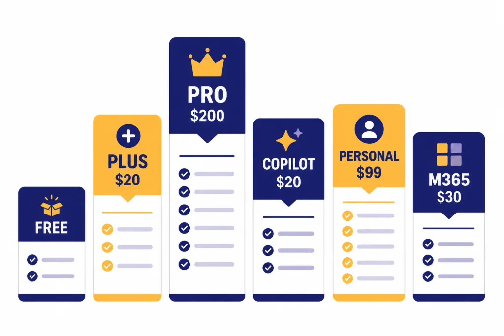 Six pricing cards labeled FREE, PLUS $20, PRO $200, COPILOT $20, PERSONAL $99, and M365 $30.