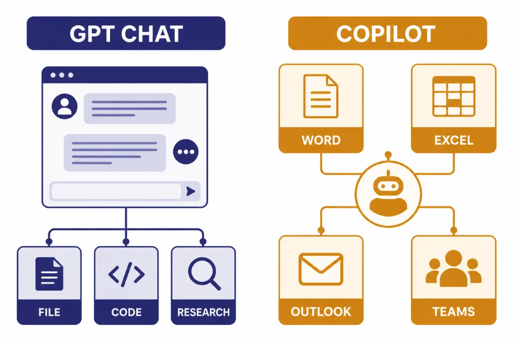 Two workflow paths labeled GPT CHAT and COPILOT with app tiles WORD, EXCEL, OUTLOOK, and TEAMS.