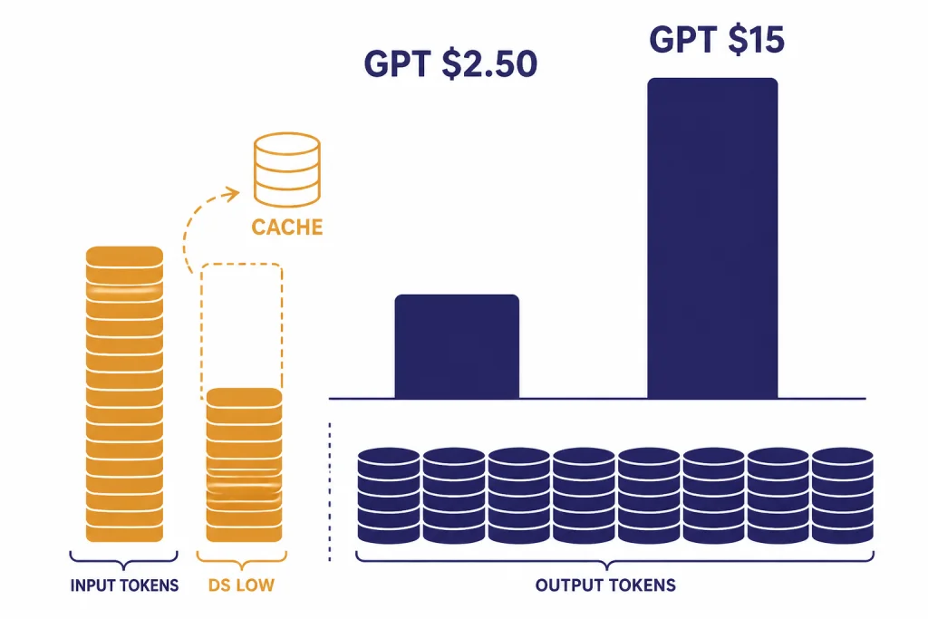 API cost chart with bars labeled GPT $2.50, GPT $15, DS LOW, and a CACHE token stack.