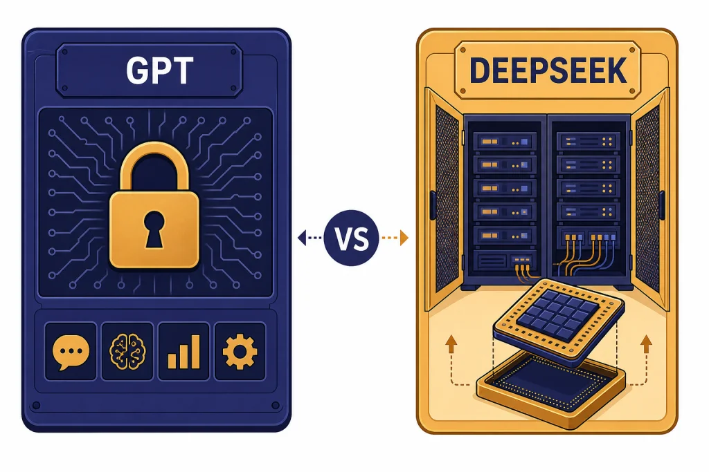 GPT DeepSeek Comparison Two comparison cards labeled GPT and DEEPSEEK, with a lock on one and open server racks on the other.