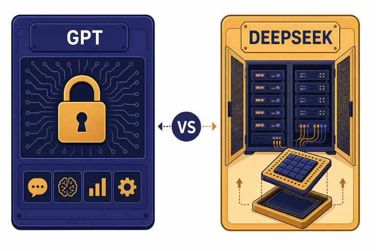 Two comparison cards labeled GPT and DEEPSEEK, with a lock on one and open server racks on the other.