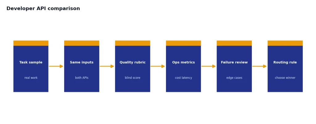 Process with 6 stages: Task sample, Same inputs, Quality rubric, Ops metrics, Failure review, Routing rule.