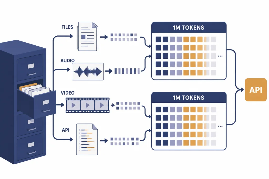 Million Token Context File cabinet feeds files, audio, video, and code into API context windows labeled 1M TOKENS.