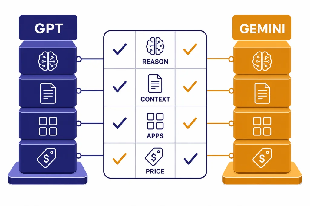 GPT Gemini Decision Matrix Split dashboard with model stacks labeled GPT and GEMINI and rows REASON, CONTEXT, APPS, PRICE.
