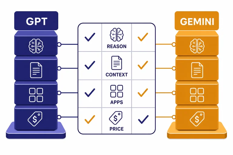 Split dashboard with model stacks labeled GPT and GEMINI and rows REASON, CONTEXT, APPS, PRICE.