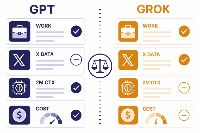 Two-column dashboard labeled GPT and GROK with cards for WORK, X DATA, 2M CTX, and COST.
