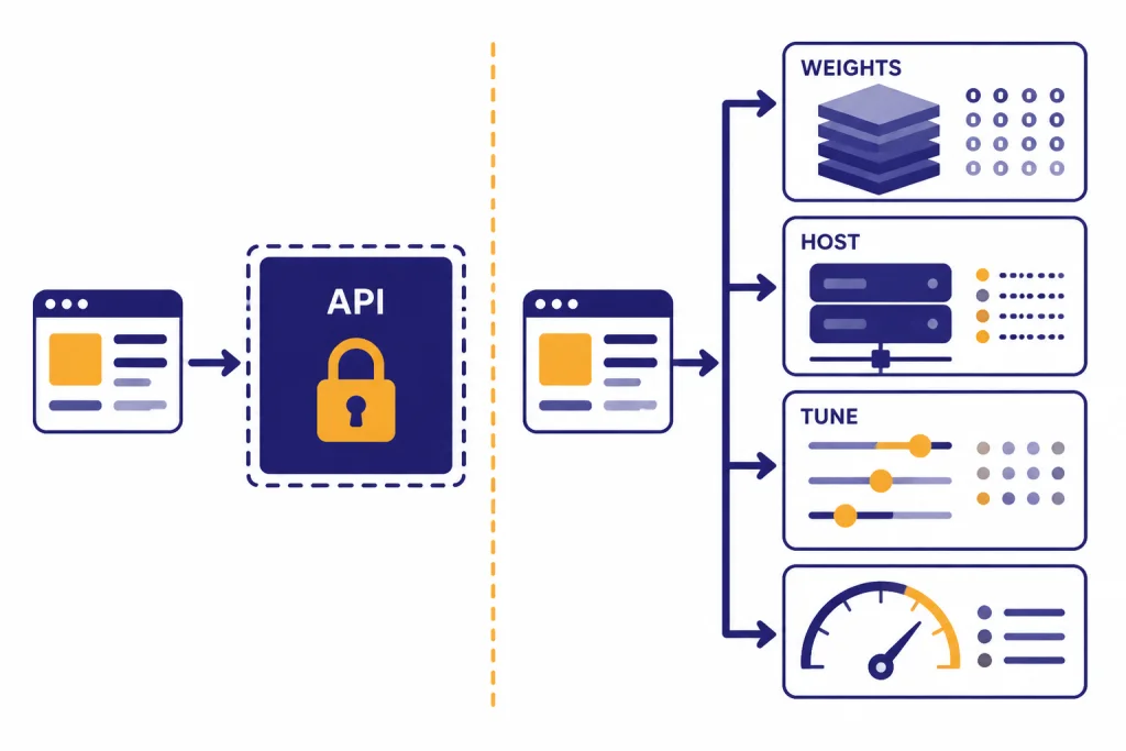 Architecture diagram labeled API, WEIGHTS, HOST, and TUNE showing app arrows to closed endpoint and open stack.