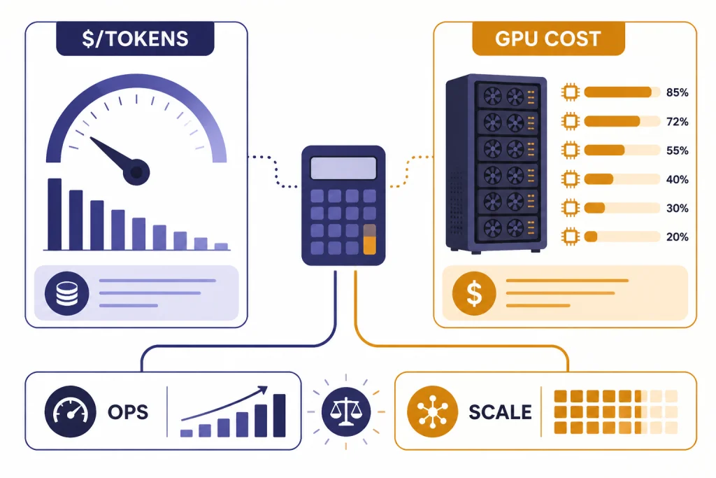 Cost dashboard labeled $/TOKENS, GPU COST, OPS, and SCALE with token meter and GPU rack.