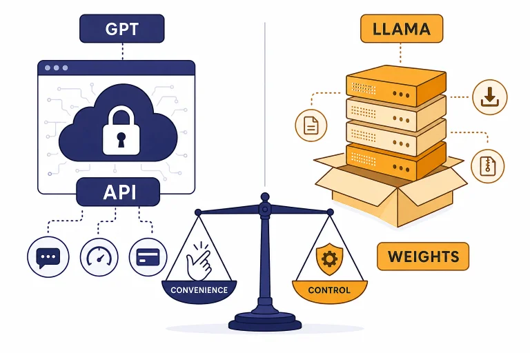 Split dashboard labeled GPT, LLAMA, API, and WEIGHTS with a balance scale between cloud access and model blocks.