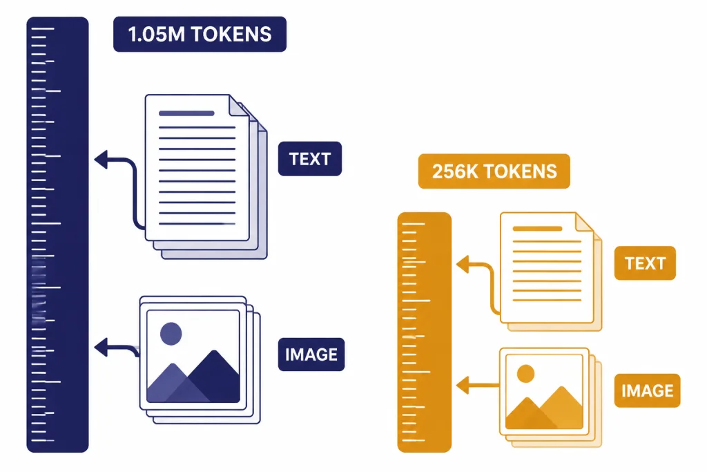 Context Window Rulers Context ruler comparing 1.05M TOKENS and 256K TOKENS with TEXT and IMAGE input icons.