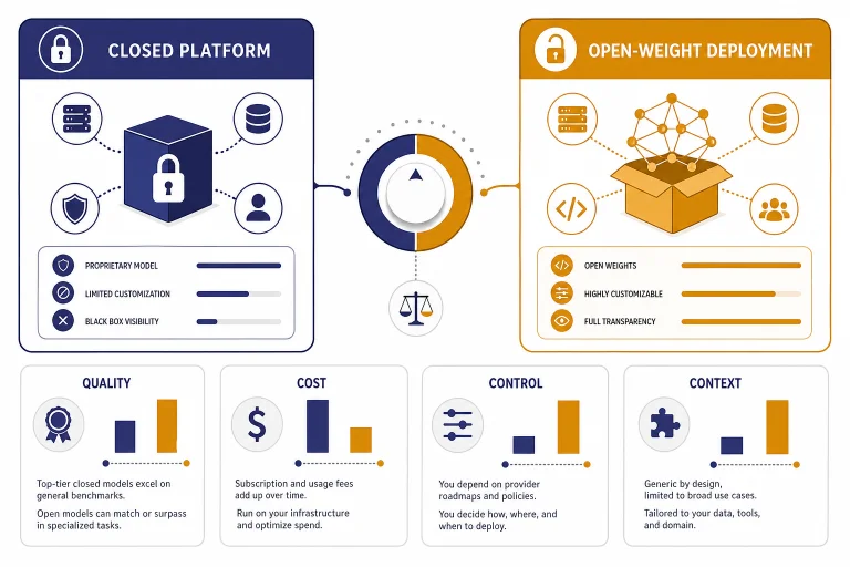 Split comparison dashboard with cards labeled QUALITY, COST, CONTROL, and CONTEXT around a decision dial.