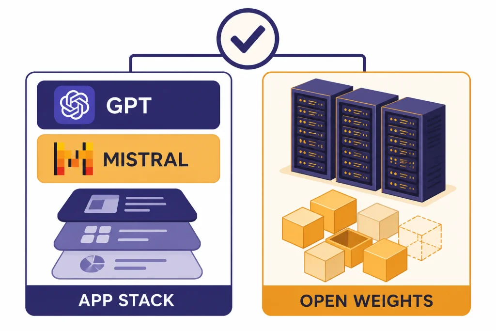 Decision board with columns labeled GPT and MISTRAL, plus APP STACK and OPEN WEIGHTS cards.