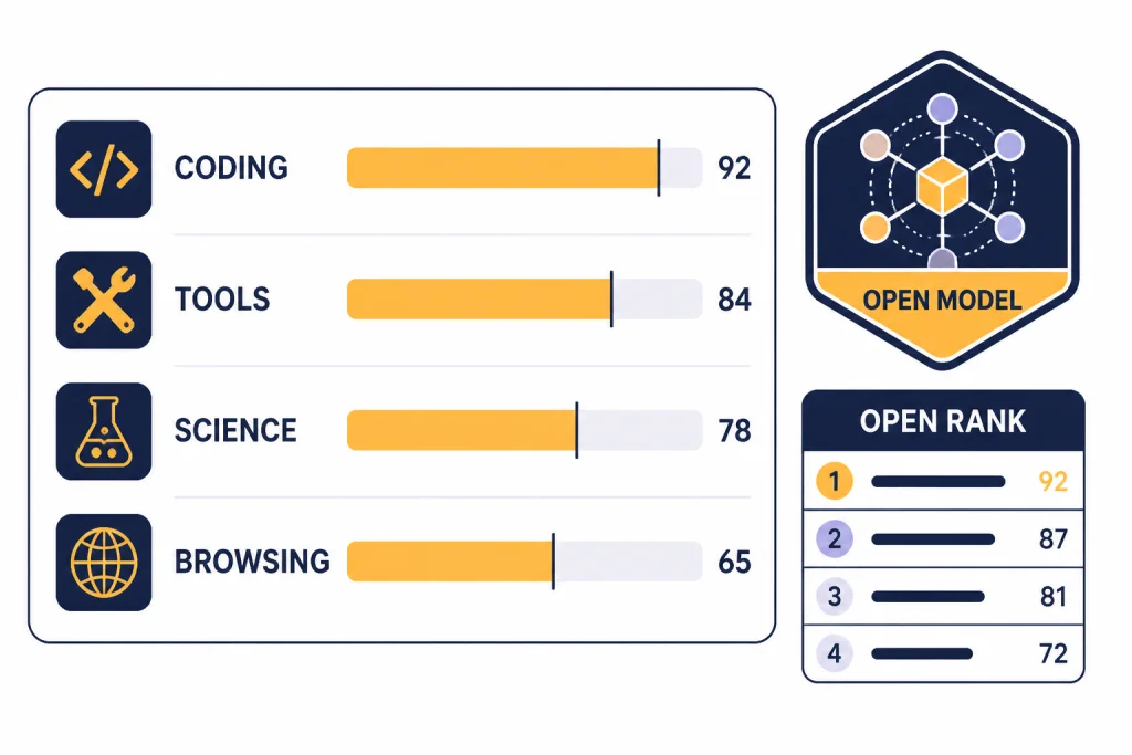 Benchmark panel with bars labeled CODING, TOOLS, SCIENCE, and OPEN RANK beside an open model badge.