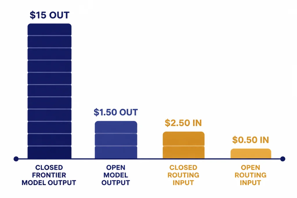 Token pricing chart with bars labeled $15 OUT, $1.50 OUT, $2.50 IN, and $0.50 IN.