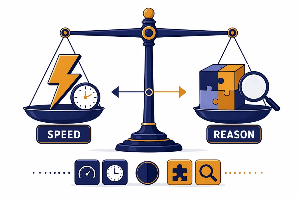 Reasoning Versus Speed Balance scale with labels SPEED and REASON comparing a lightning bolt path and a puzzle cube path.