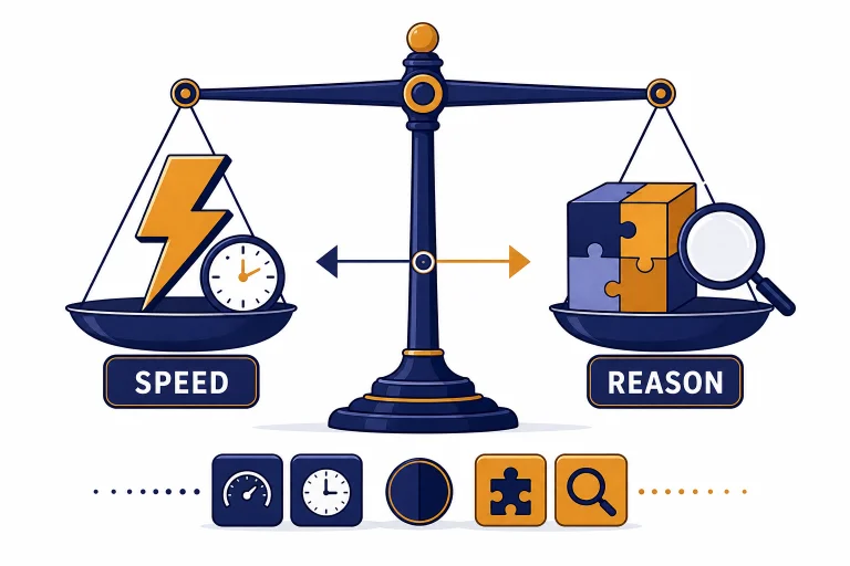 Balance scale with labels SPEED and REASON comparing a lightning bolt path and a puzzle cube path.