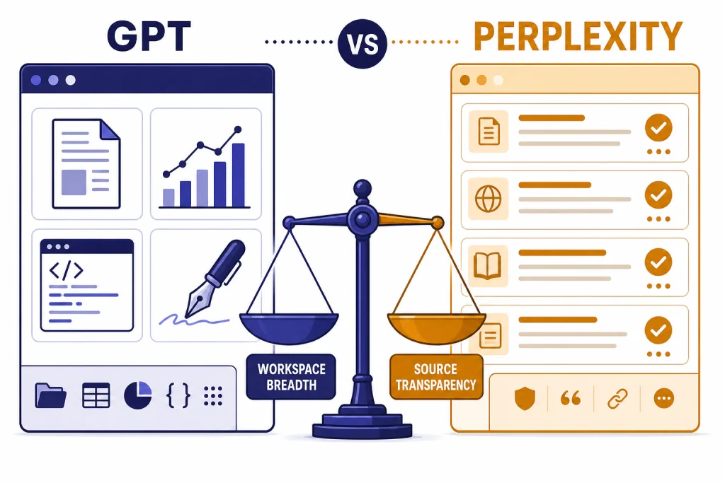 GPT And Perplexity Scoreboard Two labeled panels, GPT with toolbox icons and PERPLEXITY with checked source cards, balanced on a scale.