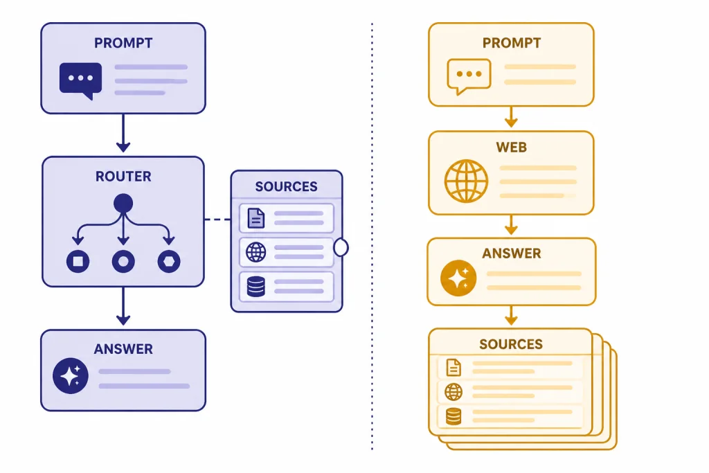 AI Search Workflow Split Split workflow with GPT lane using PROMPT, ROUTER, ANSWER, SOURCES and search lane using PROMPT, WEB, ANSWER, SOURCES.