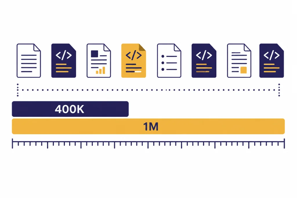 Context ruler with a shorter bar labeled 400K and a longer bar labeled 1M plus document and code icons.