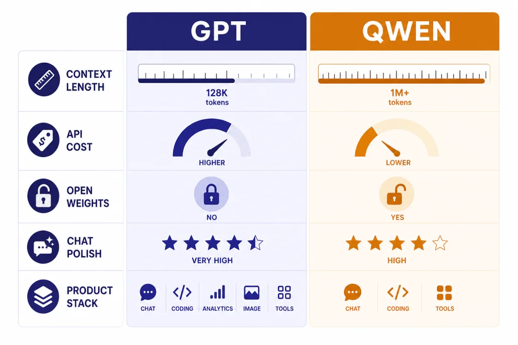 GPT and Qwen Comparison Comparison dashboard with columns labeled GPT and QWEN, gauges for context, cost, open weights, and chat polish.