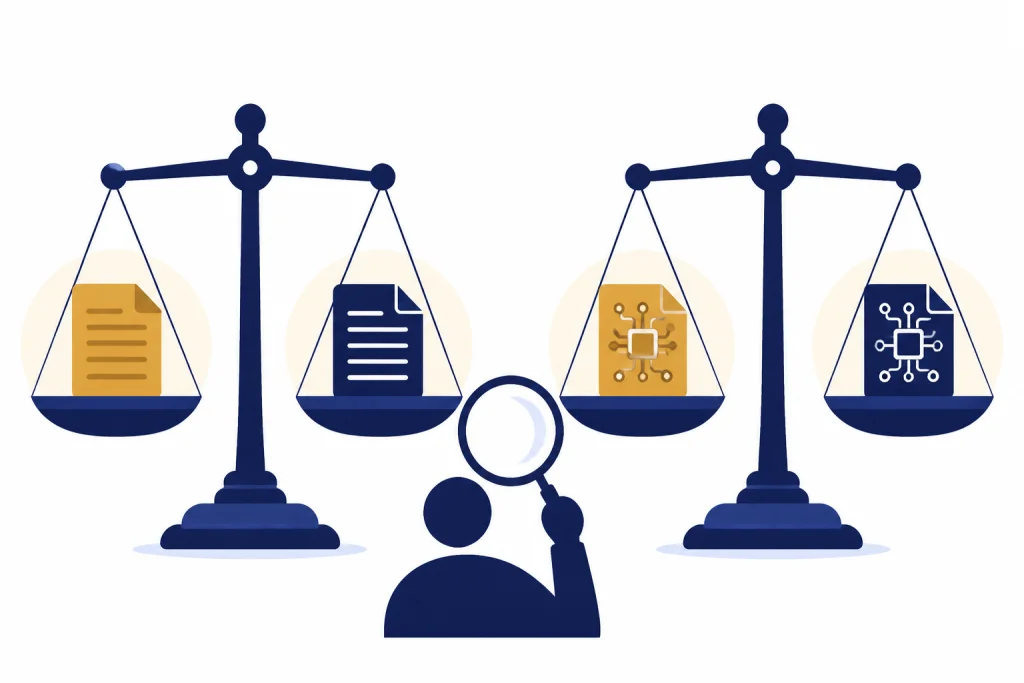 Accuracy Error Balance Two balance scales compare false positives and false negatives with a reviewer magnifying glass.