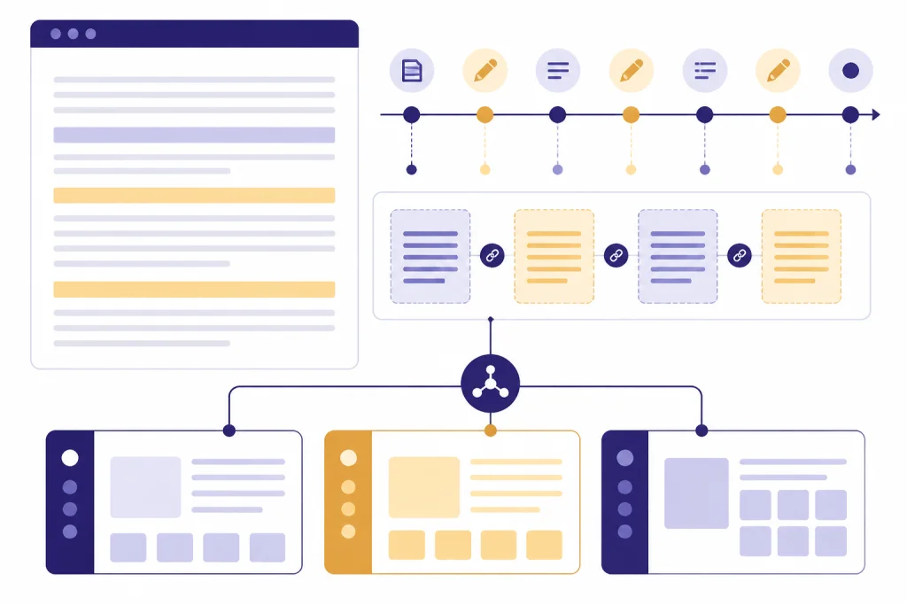 Document panel with highlights, writing timeline, copy-paste blocks, and API connector nodes.