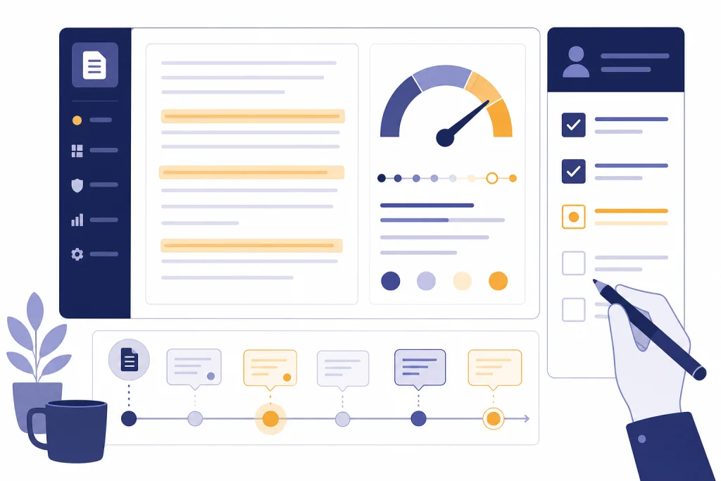 GPTZero Review Dashboard Document review dashboard with a gauge, highlighted sentence strips, timeline, and checklist.