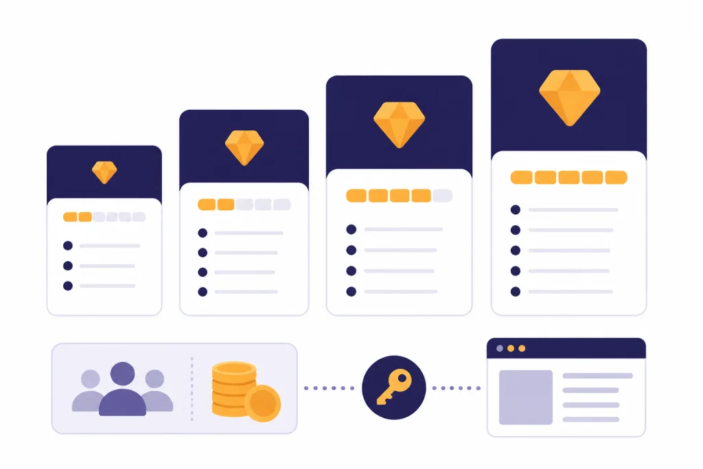 Four pricing cards with word-cap bars, shared credit tokens, and an API key connector.