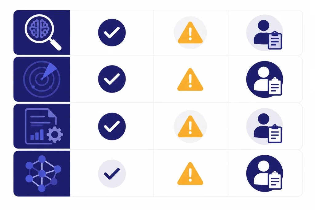 Four-row verdict matrix with checkmarks, caution triangles, and human review markers.