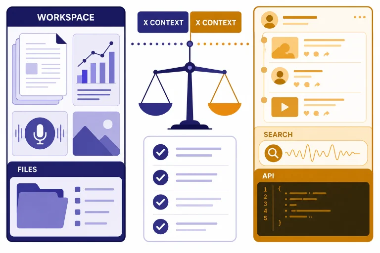 Split dashboard labeled WORKSPACE and X CONTEXT with files, API, search, and a balanced scale.