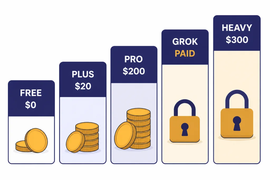 Pricing Ladder Comparison Pricing ladder with cards labeled FREE $0, PLUS $20, PRO $200, GROK PAID, and HEAVY $300.