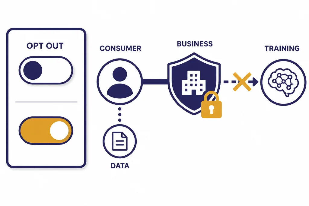AI Privacy Controls Privacy panel with toggles labeled OPT OUT, CONSUMER, BUSINESS, TRAINING, and DATA.