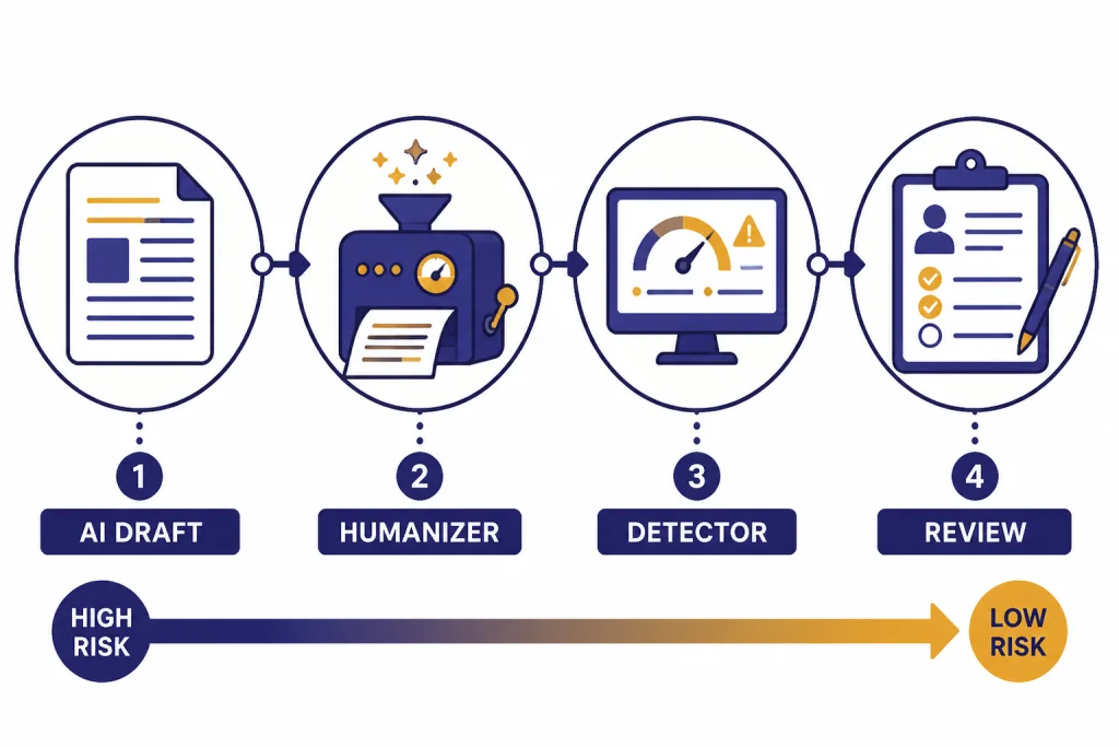 Detector Risk Timeline Timeline with nodes labeled AI DRAFT, HUMANIZER, DETECTOR, and REVIEW.