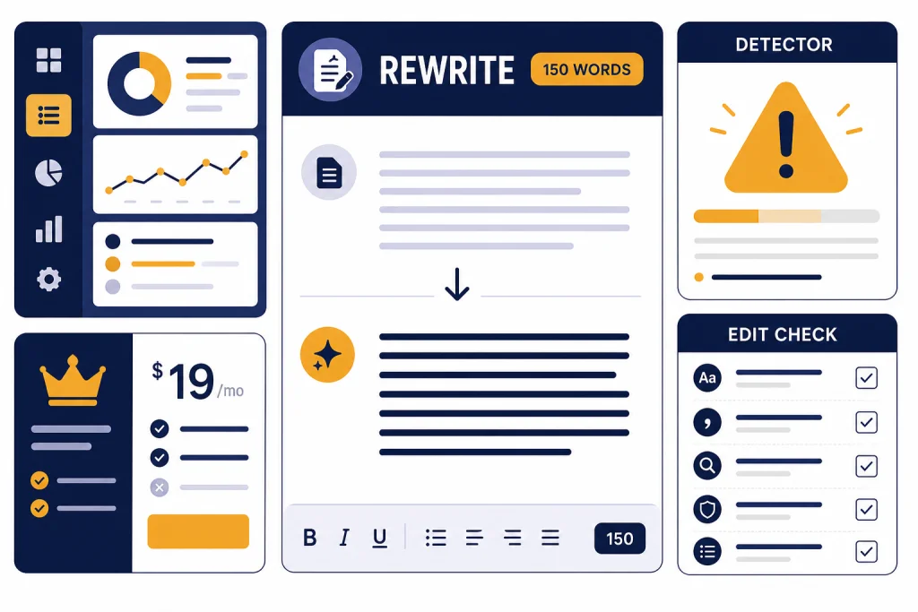 Grubby AI Review Dashboard Review dashboard with panels labeled REWRITE, 150 WORDS, DETECTOR, and EDIT CHECK.