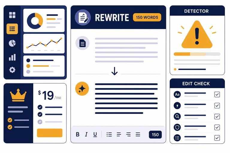 Review dashboard with panels labeled REWRITE, 150 WORDS, DETECTOR, and EDIT CHECK.