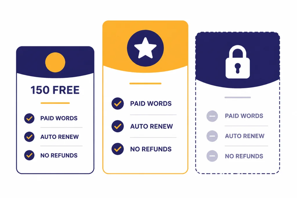 Three cards labeled 150 FREE, PAID WORDS, AUTO RENEW, and NO REFUNDS.