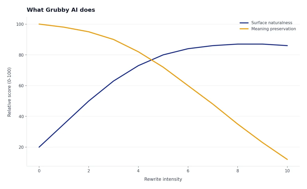 Illustrative chart showing that heavier rewriting can improve surface naturalness while increasing the risk of meaning drift.