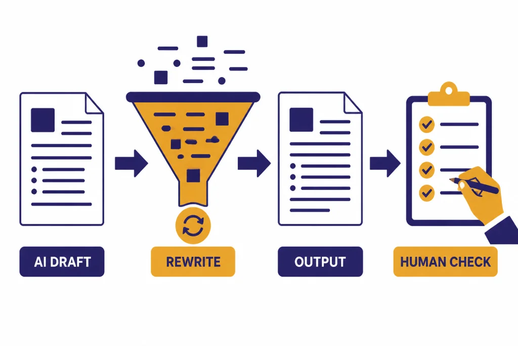 Rewrite Workflow Workflow from AI DRAFT to REWRITE to OUTPUT and HUMAN CHECK.