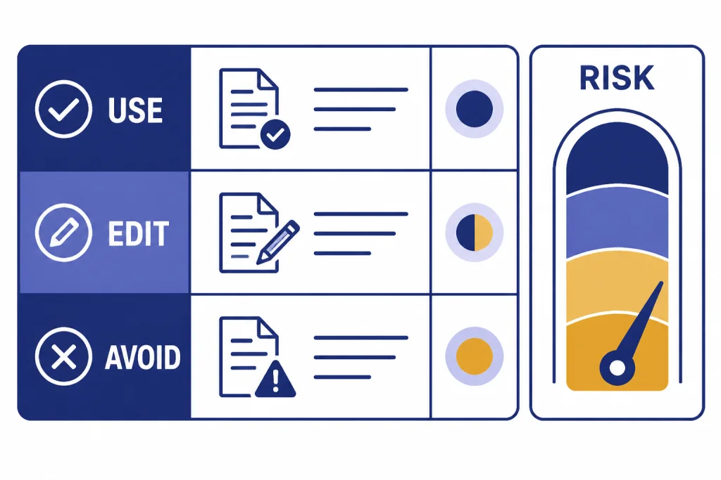 Verdict matrix with rows labeled USE, EDIT, AVOID and a caution meter labeled RISK.