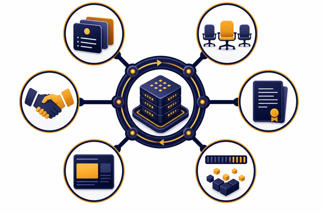 ChatGPT Revenue Flywheel Six-spoke revenue flywheel feeding subscription, API, ad, enterprise, and partnership icons into a compute core.