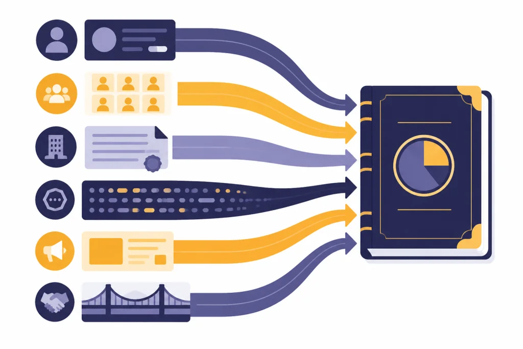 Six revenue lanes flow into one central ledger with cards, seat grid, token stream, ad, and bridge icons.