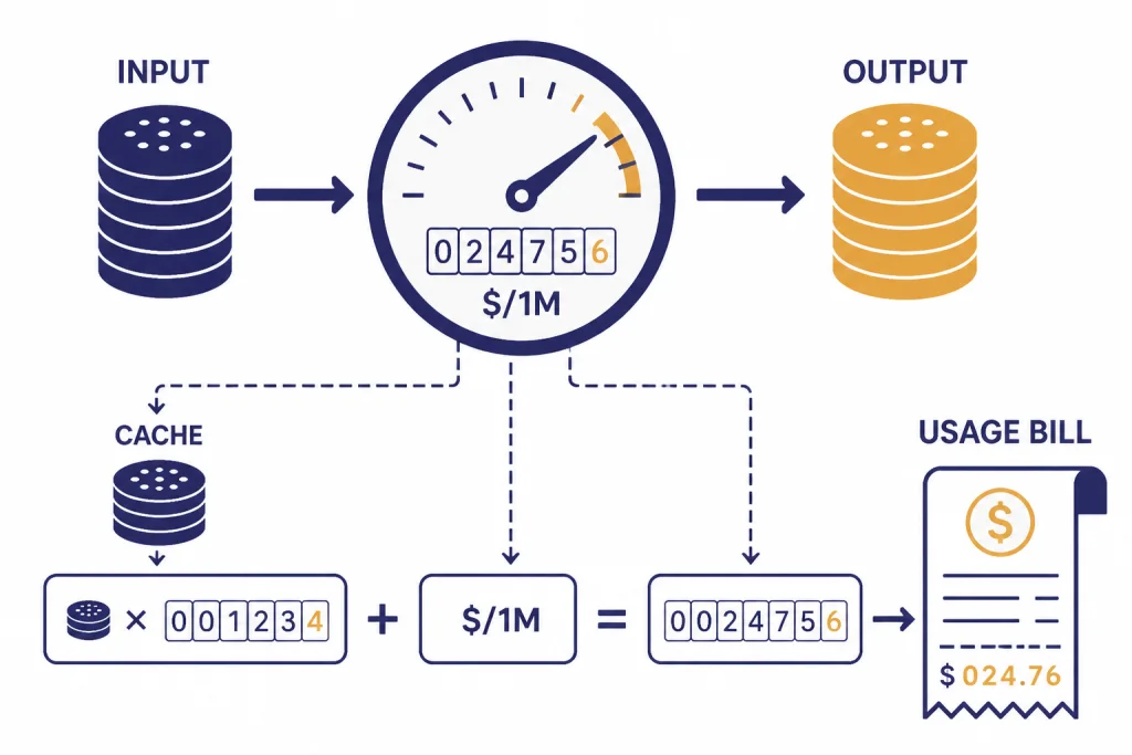 API Token Billing Flow Token billing flow with labels INPUT, CACHE, OUTPUT, $/1M, and USAGE BILL leading to a receipt.