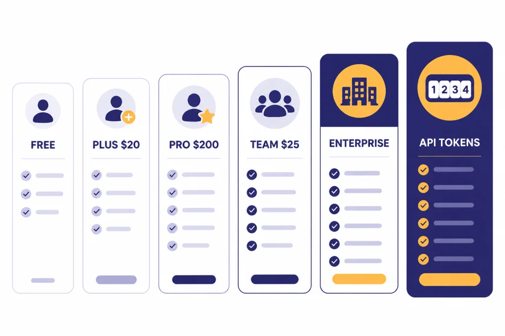 Six plan cards labeled FREE, PLUS $20, PRO $200, TEAM $25, ENTERPRISE, and API TOKENS.