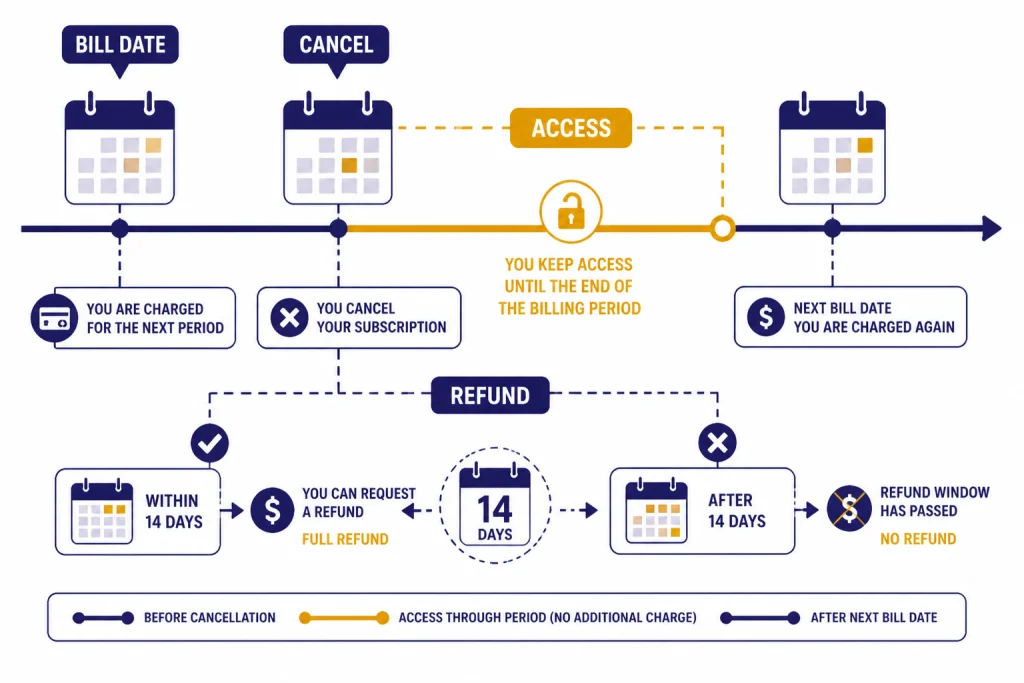 Cancellation Refund Timeline Subscription timeline labeled BILL DATE, CANCEL, ACCESS, REFUND, and 14 DAYS.