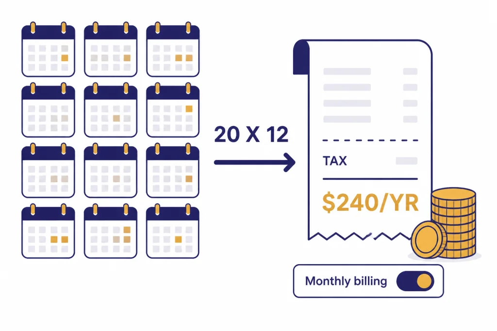 Cost calculator with labels 20 X 12, $240/YR, and TAX beside twelve calendar tiles.